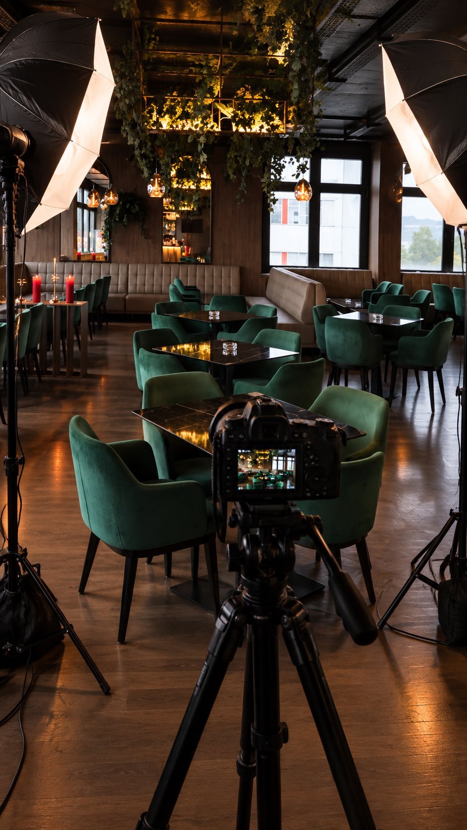 Film camera on a tripod capturing a modern lounge with green velvet chairs and warm lighting