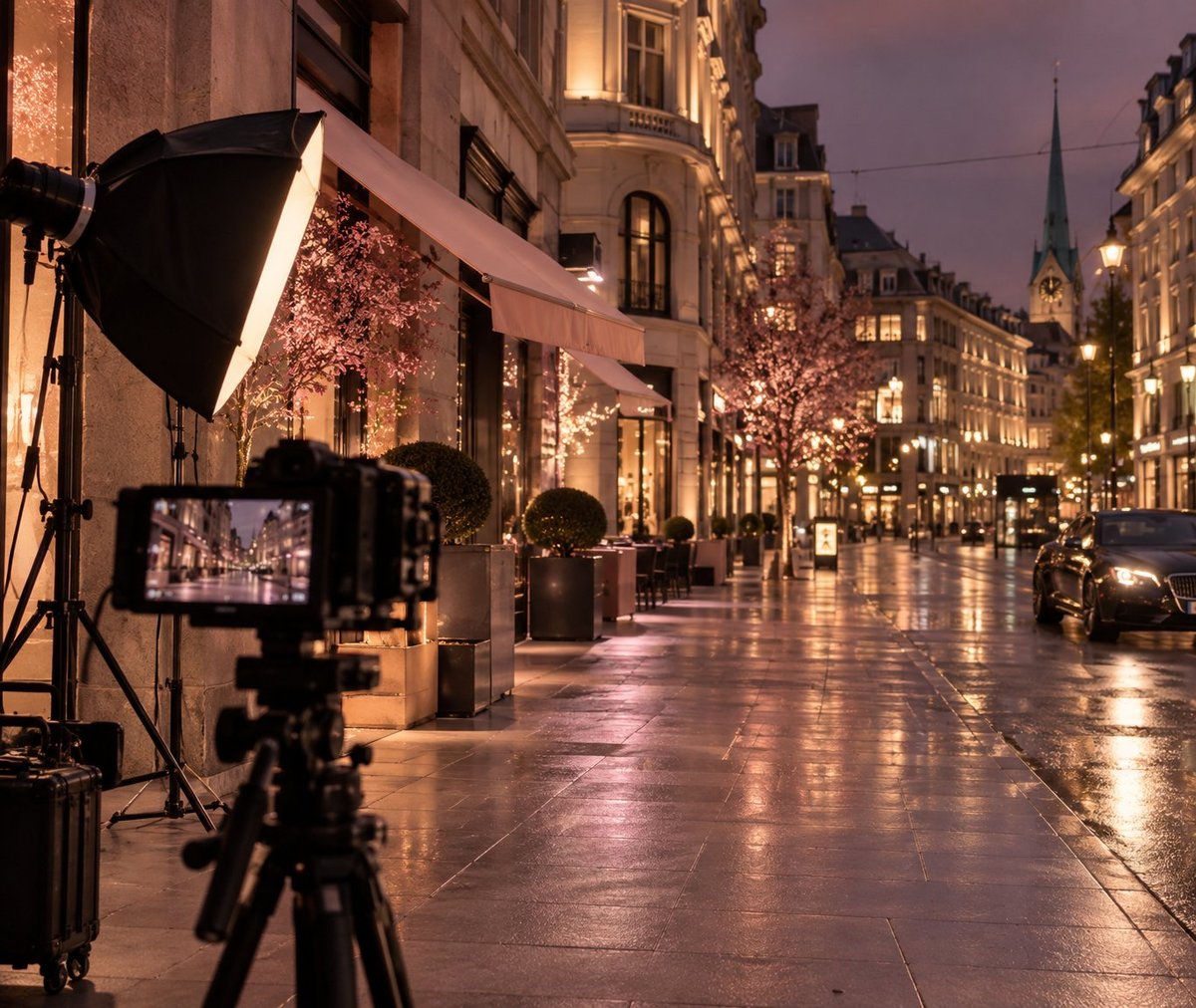 Film camera and lighting equipment set up on a wet city street at dusk — on-location production Zurich